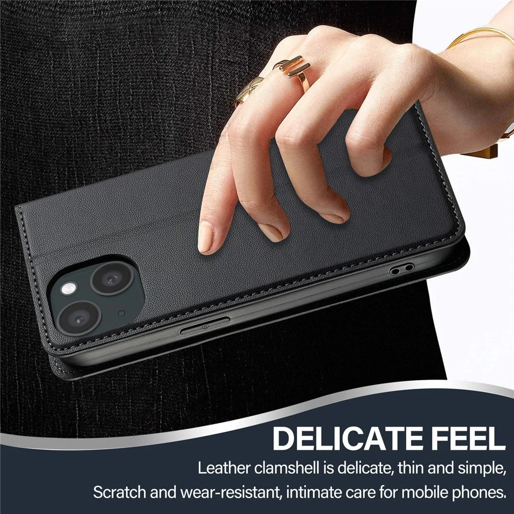 LC.IMEEKE L1 Series for iPhone 14 Plus Case PU Leather Wallet Stand Protective Phone Cover - Black - 7