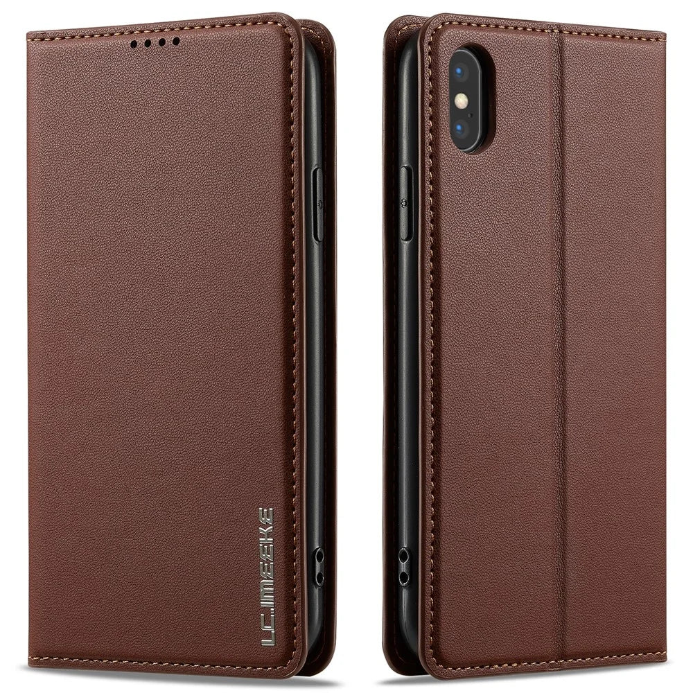 LC.IMEEKE L1 Series for iPhone XS Max Case PU Leather Wallet Stand Protective Phone Cover - Brown - 1