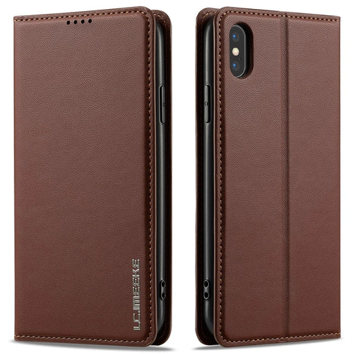 LC.IMEEKE L1 Series for iPhone XS Max Case PU Leather Wallet Stand Protective Phone Cover - Brown - 1