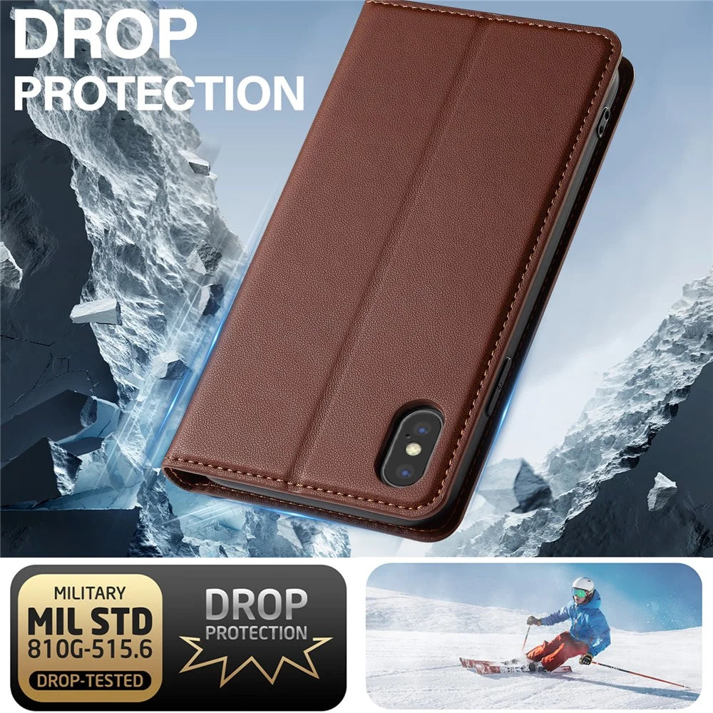 LC.IMEEKE L1 Series for iPhone XS Max Case PU Leather Wallet Stand Protective Phone Cover - Brown - 6