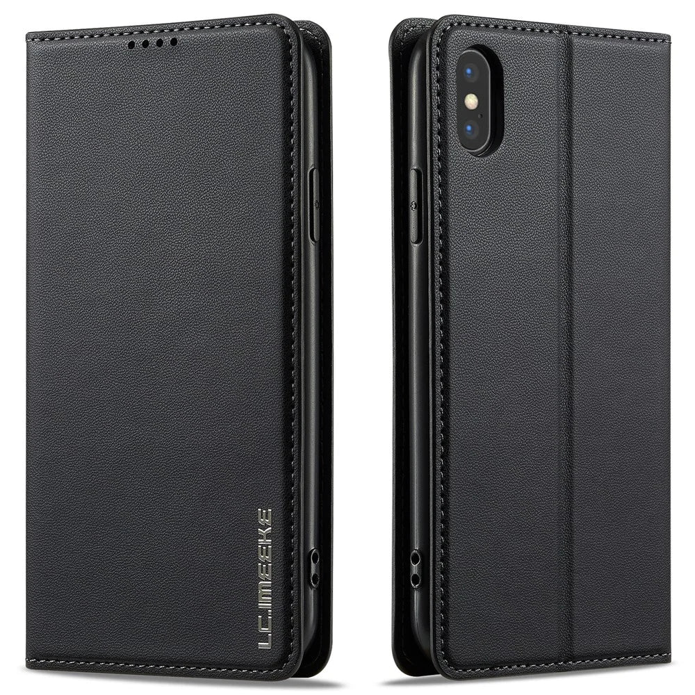 LC.IMEEKE L1 Series for iPhone XS / X Case PU Leather Wallet Stand Protective Phone Cover - Black - 1