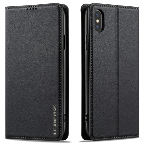 LC.IMEEKE L1 Series for iPhone XS / X Case PU Leather Wallet Stand Protective Phone Cover - Black - 1