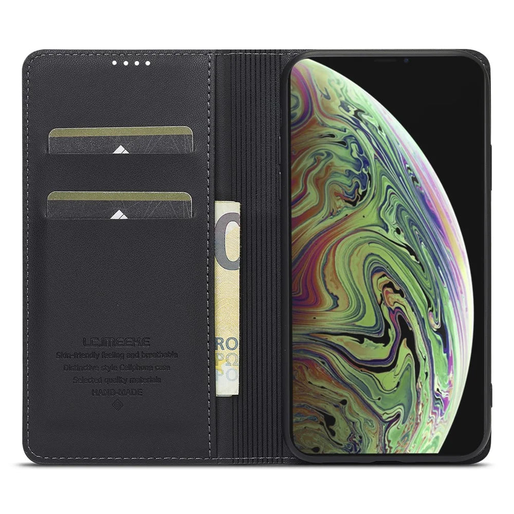 LC.IMEEKE L1 Series for iPhone XS / X Case PU Leather Wallet Stand Protective Phone Cover - Black - 2