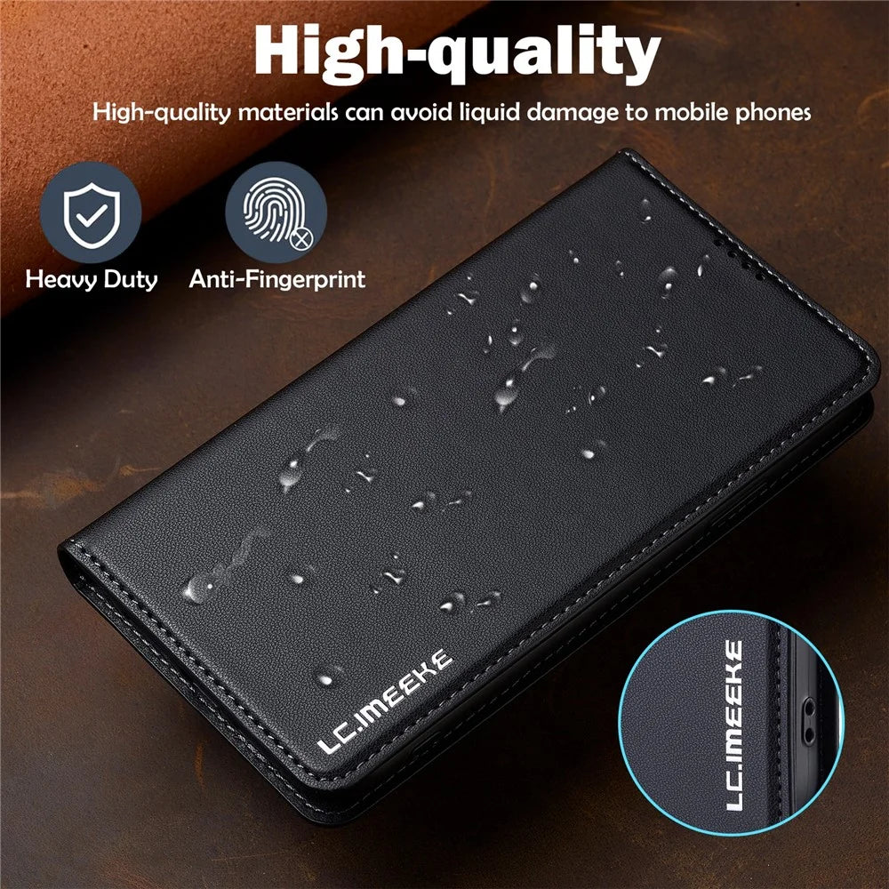 LC.IMEEKE L1 Series for iPhone XS / X Case PU Leather Wallet Stand Protective Phone Cover - Black - 5