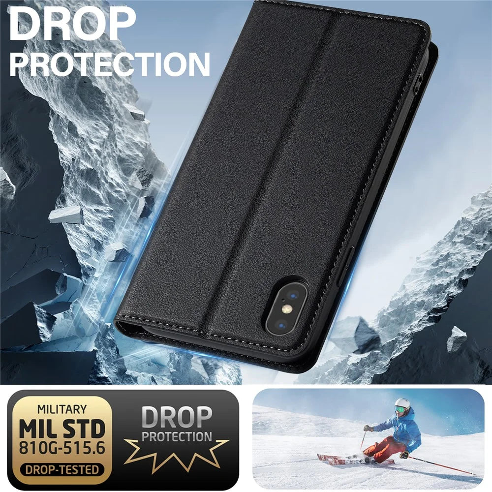 LC.IMEEKE L1 Series for iPhone XS / X Case PU Leather Wallet Stand Protective Phone Cover - Black - 6