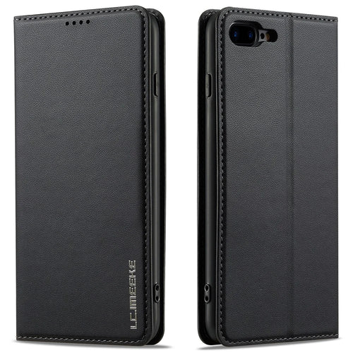 LC.IMEEKE L1 Series for iPhone 8 Plus / 7 Plus Case PU Leather Wallet Stand Protective Phone Cover - Black - 1