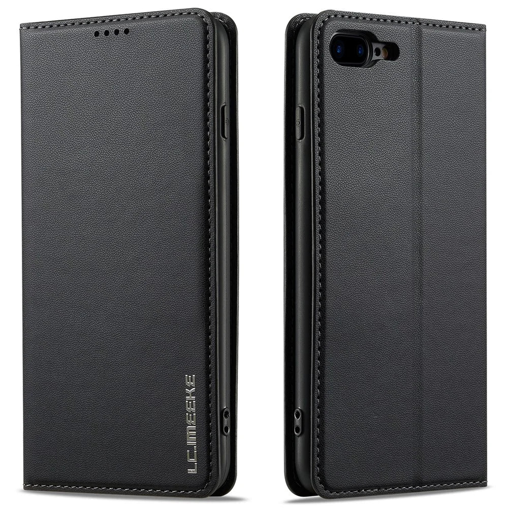 LC.IMEEKE L1 Series for iPhone 8 Plus / 7 Plus Case PU Leather Wallet Stand Protective Phone Cover - Black - 1