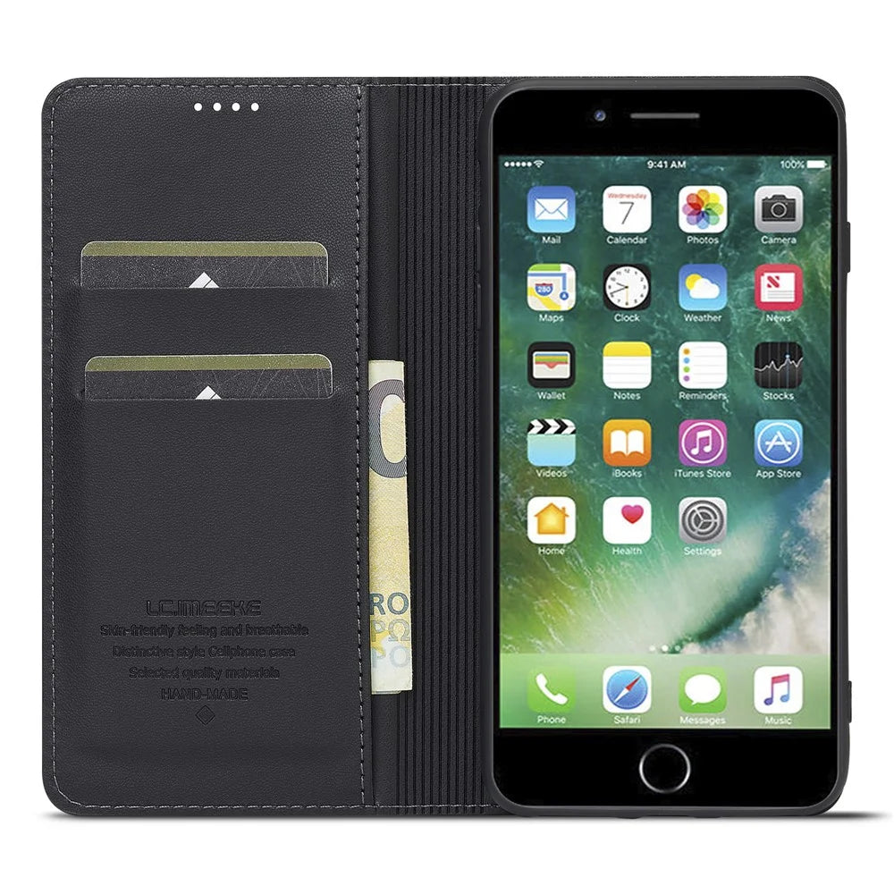 LC.IMEEKE L1 Series for iPhone 8 Plus / 7 Plus Case PU Leather Wallet Stand Protective Phone Cover - Black - 2