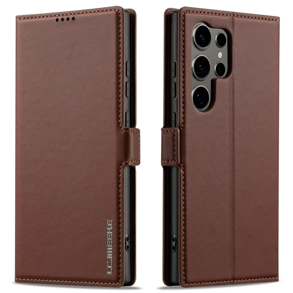 LC.IMEEKE L1 Series for Samsung Galaxy S24 Ultra Case PU Leather Wallet Stand Protective Phone Cover - Brown - 1