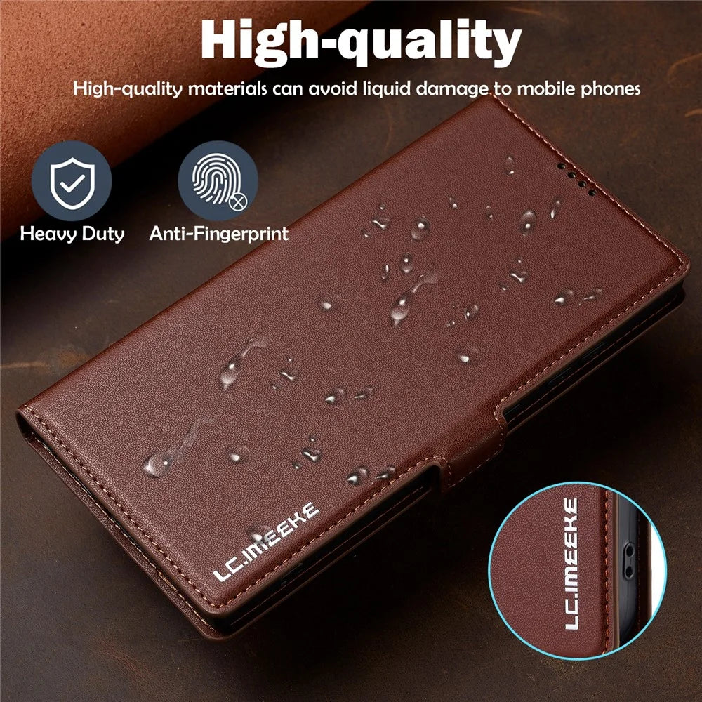 LC.IMEEKE L1 Series for Samsung Galaxy S24 Ultra Case PU Leather Wallet Stand Protective Phone Cover - Brown - 5