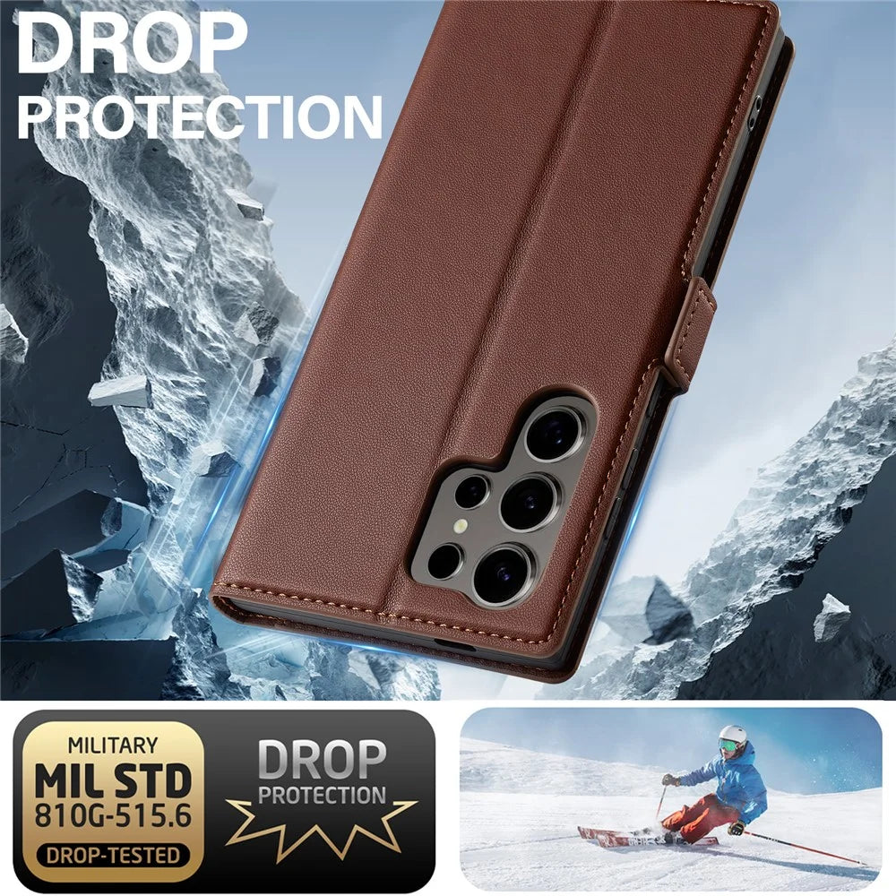 LC.IMEEKE L1 Series for Samsung Galaxy S24 Ultra Case PU Leather Wallet Stand Protective Phone Cover - Brown - 6