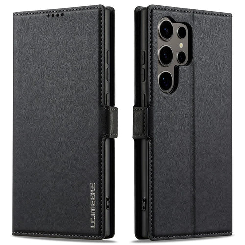 LC.IMEEKE L1 Series for Samsung Galaxy S23 Ultra Case PU Leather Wallet Stand Protective Phone Cover - Black - 1