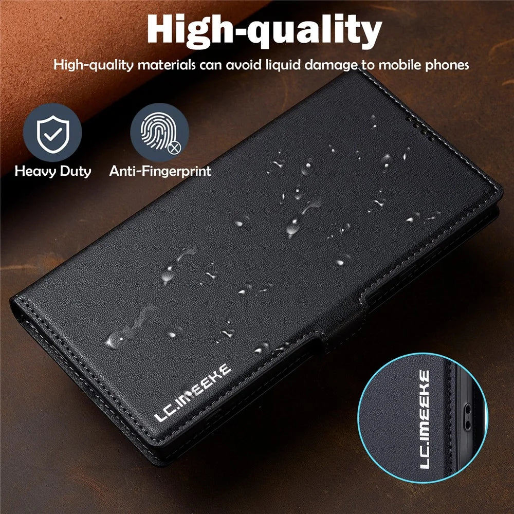 LC.IMEEKE L1 Series for Samsung Galaxy S23 Ultra Case PU Leather Wallet Stand Protective Phone Cover - Black - 5