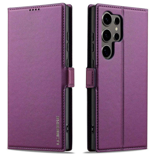 LC.IMEEKE L1 Series for Samsung Galaxy S22 Ultra 5G Case PU Leather Wallet Stand Protective Phone Cover - Purple - 1