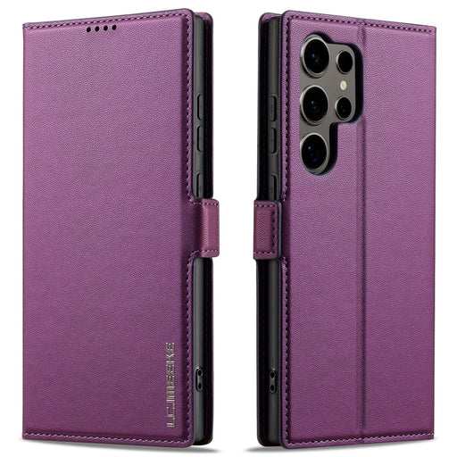LC.IMEEKE L1 Series for Samsung Galaxy S22 Ultra 5G Case PU Leather Wallet Stand Protective Phone Cover - Purple - 1