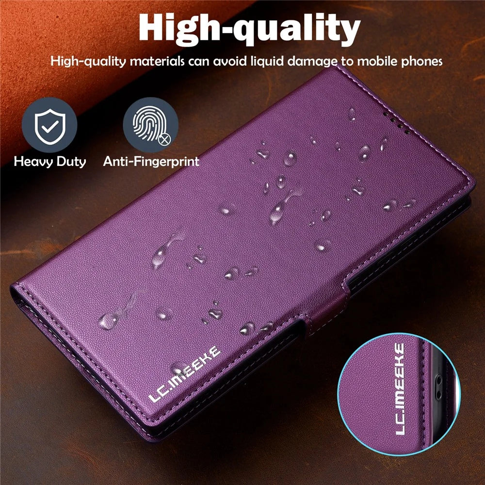 LC.IMEEKE L1 Series for Samsung Galaxy S22 Ultra 5G Case PU Leather Wallet Stand Protective Phone Cover - Purple - 5