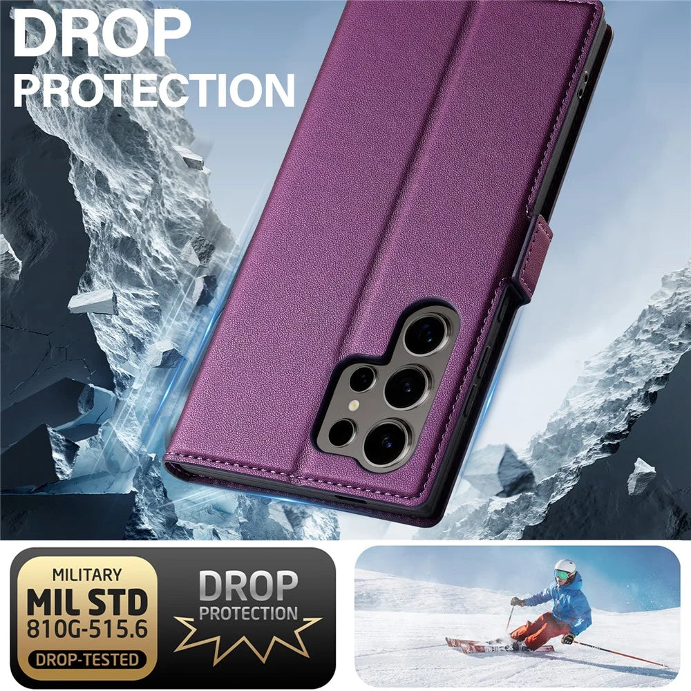 LC.IMEEKE L1 Series for Samsung Galaxy S22 Ultra 5G Case PU Leather Wallet Stand Protective Phone Cover - Purple - 6