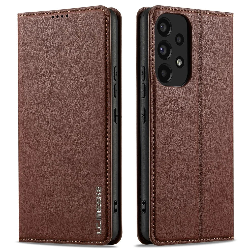LC.IMEEKE L1 Series for Samsung Galaxy A53 5G Case PU Leather Wallet Stand Protective Phone Cover - Brown - 1