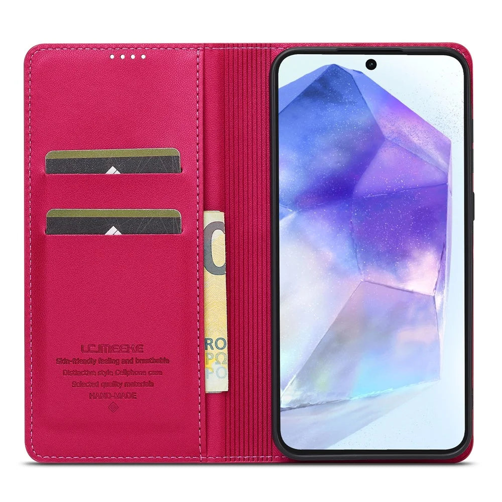 LC.IMEEKE L1 Series for Samsung Galaxy A55 5G Case PU Leather Wallet Stand Protective Phone Cover - Red - 2