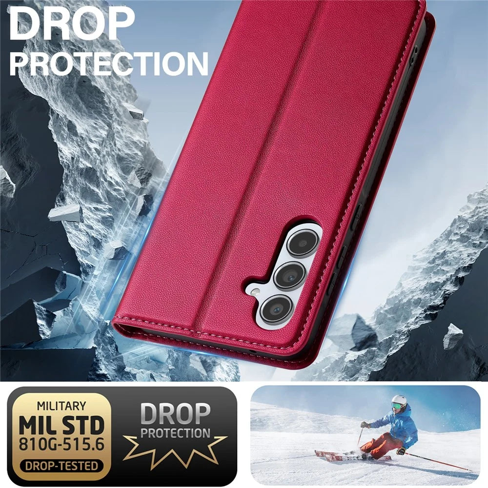 LC.IMEEKE L1 Series for Samsung Galaxy A55 5G Case PU Leather Wallet Stand Protective Phone Cover - Red - 6