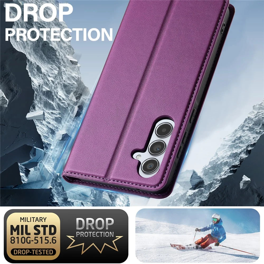 LC.IMEEKE L1 Series for Samsung Galaxy A14 4G / 5G Case PU Leather Wallet Stand Protective Phone Cover - Purple - 6