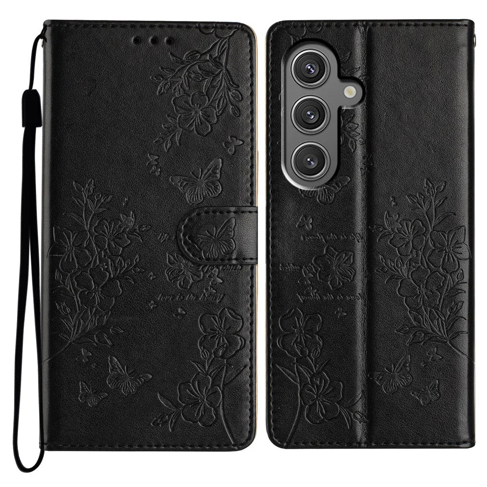 For Samsung Galaxy A16 5G / A16 4G Wallet Phone Case Butterfly Floral Imprint Leather Flip Cover - Black - 1
