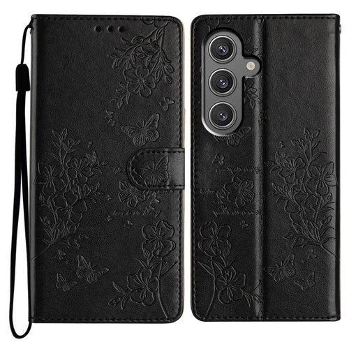 For Samsung Galaxy A16 5G / A16 4G Wallet Phone Case Butterfly Floral Imprint Leather Flip Cover - Black - 1