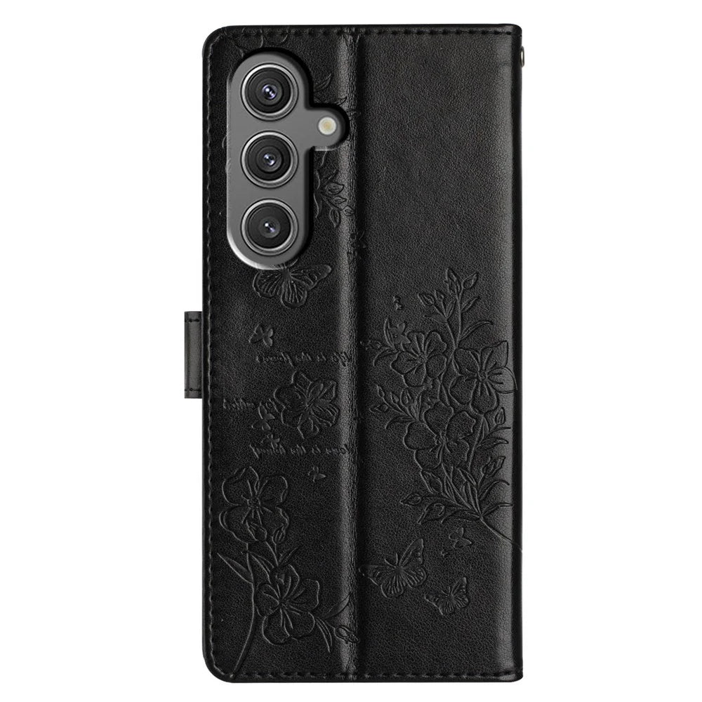 For Samsung Galaxy A16 5G / A16 4G Wallet Phone Case Butterfly Floral Imprint Leather Flip Cover - Black - 6