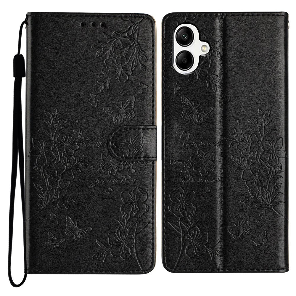 For Samsung Galaxy A06 4G Wallet Phone Case Butterfly Floral Imprint Leather Flip Cover - Black - 1
