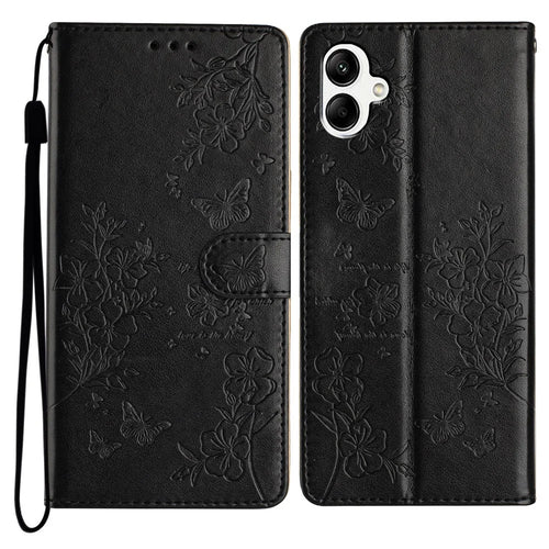 For Samsung Galaxy A06 4G Wallet Phone Case Butterfly Floral Imprint Leather Flip Cover - Black - 1