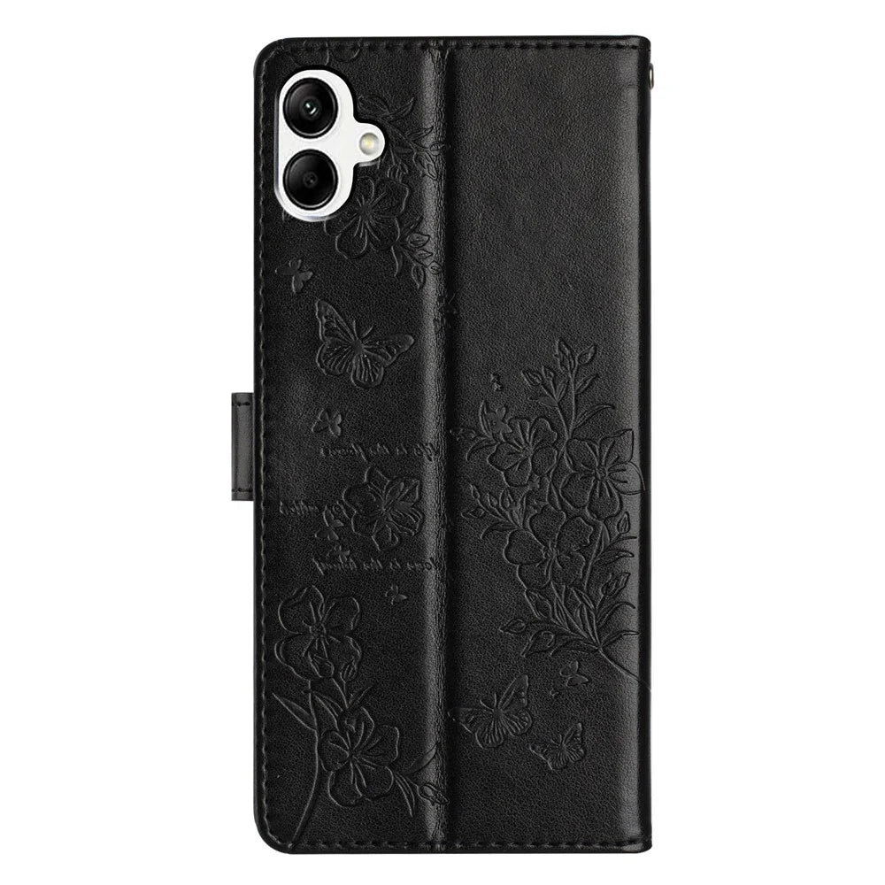 For Samsung Galaxy A06 4G Wallet Phone Case Butterfly Floral Imprint Leather Flip Cover - Black - 6