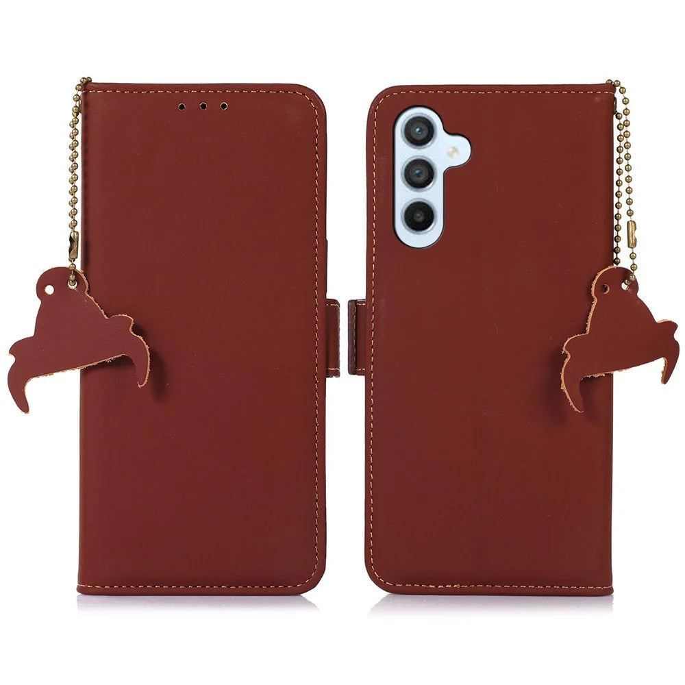 For Samsung Galaxy A16 5G / A16 4G Wallet Case Anti-Drop Genuine Cow Leather Phone Cover RFID Blocking - Coffee - 1