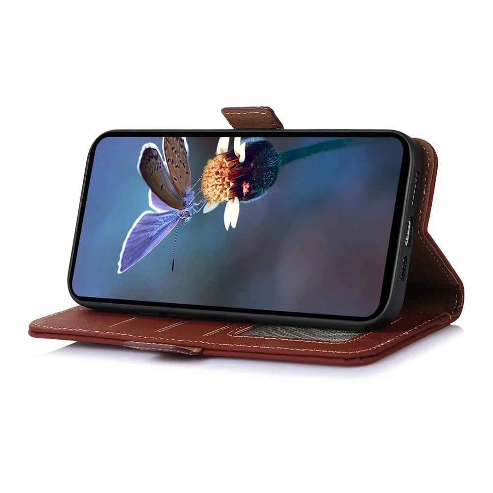 For Samsung Galaxy A16 5G / A16 4G Wallet Case Anti-Drop Genuine Cow Leather Phone Cover RFID Blocking - Coffee - 3