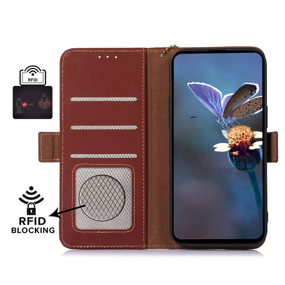 For Samsung Galaxy A16 5G / A16 4G Wallet Case Anti-Drop Genuine Cow Leather Phone Cover RFID Blocking - Coffee - 4