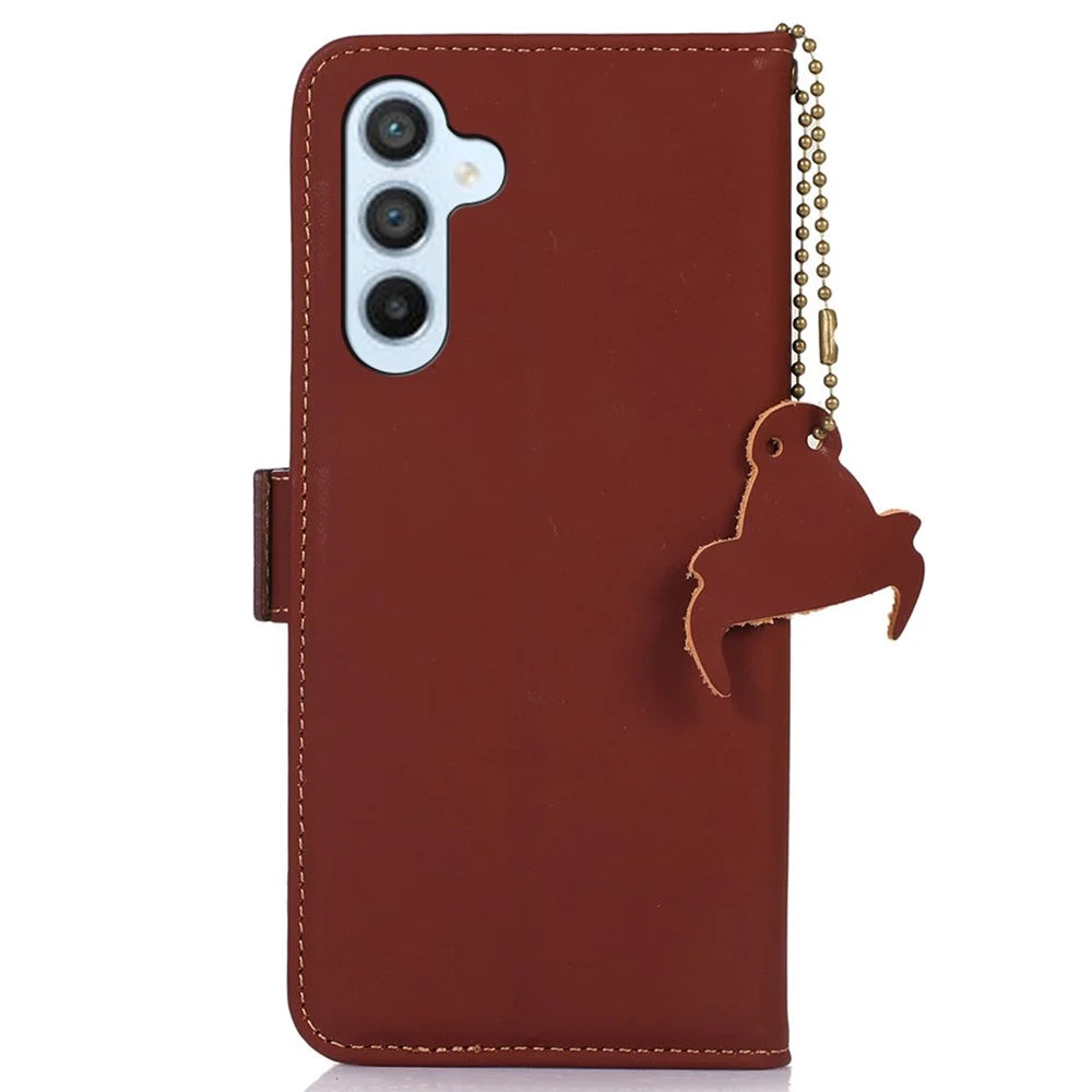 For Samsung Galaxy A16 5G / A16 4G Wallet Case Anti-Drop Genuine Cow Leather Phone Cover RFID Blocking - Coffee - 7