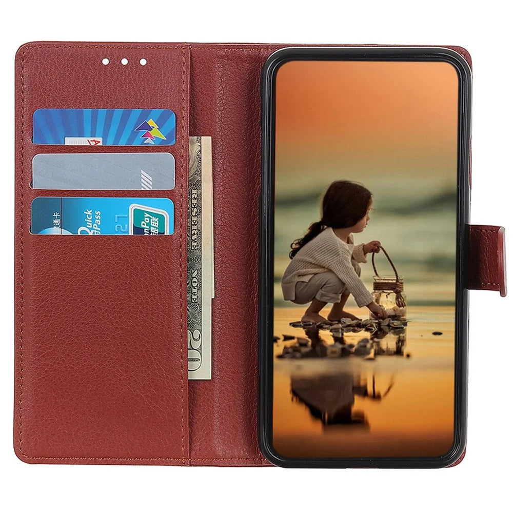 For Samsung Galaxy A06 4G Wallet Case PU Leather Phone Cover Litchi Texture - Brown - 2