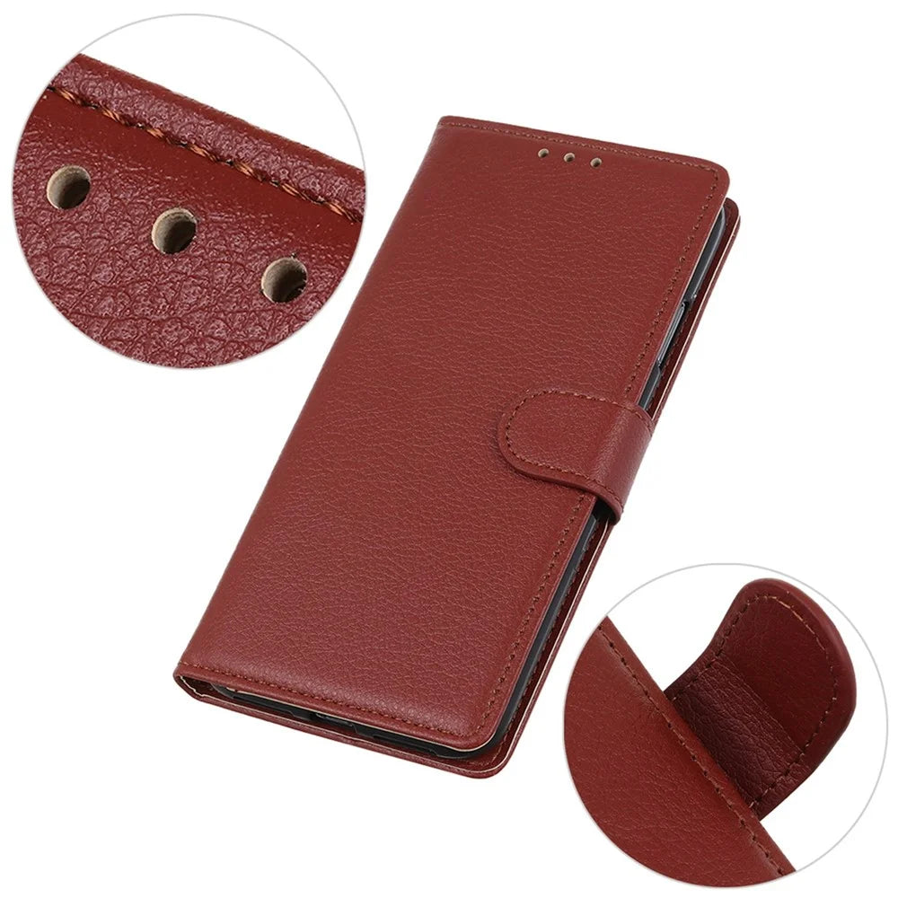 For Samsung Galaxy A06 4G Wallet Case PU Leather Phone Cover Litchi Texture - Brown - 5