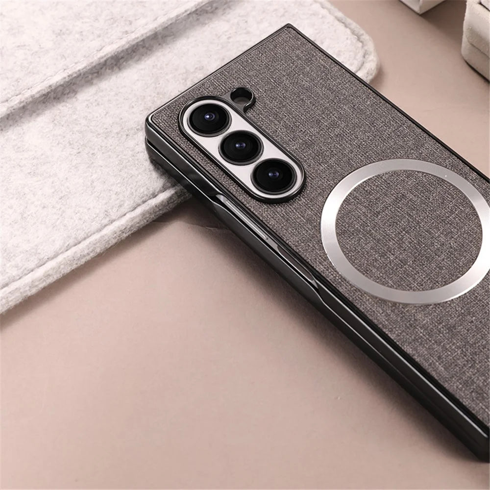For Samsung Galaxy Z Fold6 5G Case Drop-Proof PC+Cloth Back Phone Cover Magnetic Case - Grey - 6