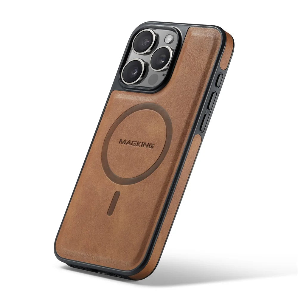MAGKING K1 Series For iPhone 16 Pro Magnetic Case PC+TPU+PU Leather Shockproof Phone Cover - Brown - 5