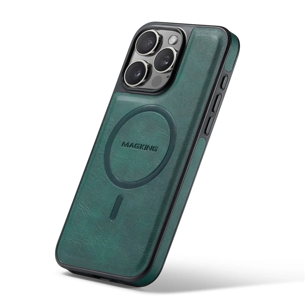 MAGKING K1 Series For iPhone 16 Pro Max Magnetic Case PC+TPU+PU Leather Shockproof Phone Cover - Green - 5