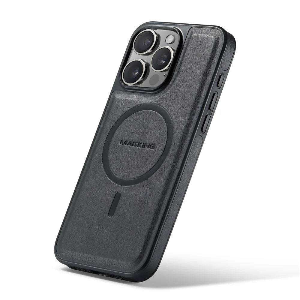 MAGKING K1 Series For iPhone 15 Pro Magnetic Case PC+TPU+PU Leather Shockproof Phone Cover - Black - 5