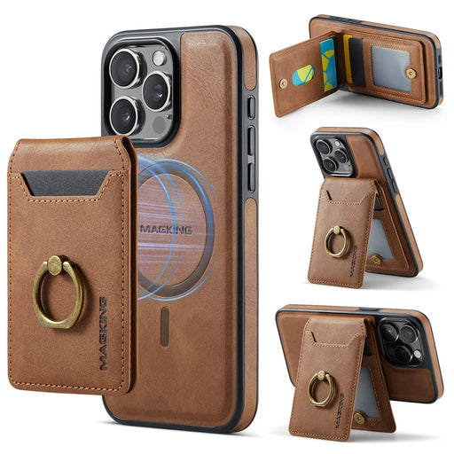 MAGKING K1 Series For iPhone 16 Pro Magnetic Case PC+TPU+PU Phone Cover with Card Holder Kickstand - Brown - 1