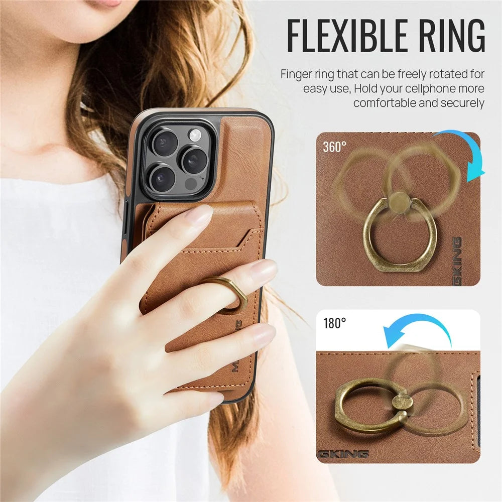MAGKING K1 Series For iPhone 16 Pro Magnetic Case PC+TPU+PU Phone Cover with Card Holder Kickstand - Brown - 4