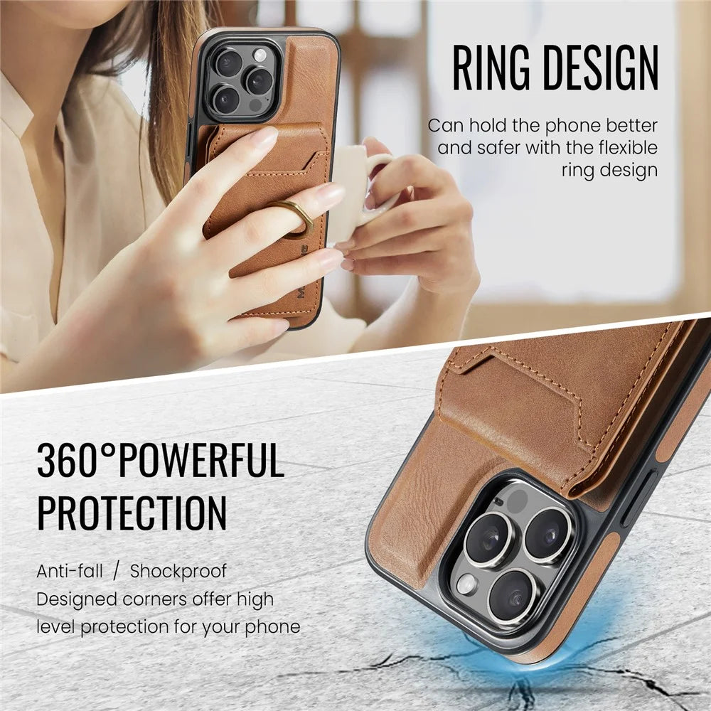 MAGKING K1 Series For iPhone 16 Pro Magnetic Case PC+TPU+PU Phone Cover with Card Holder Kickstand - Brown - 6