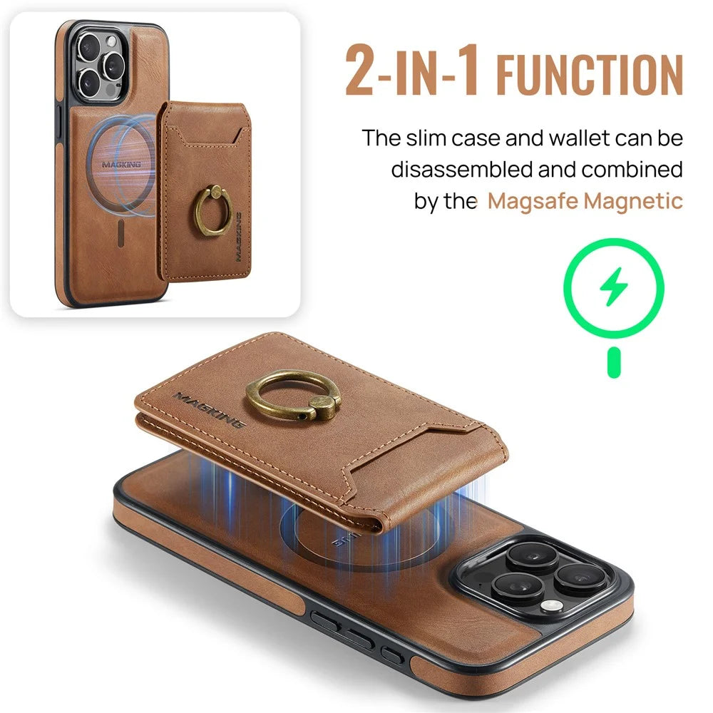 MAGKING K1 Series For iPhone 16 Pro Magnetic Case PC+TPU+PU Phone Cover with Card Holder Kickstand - Brown - 7
