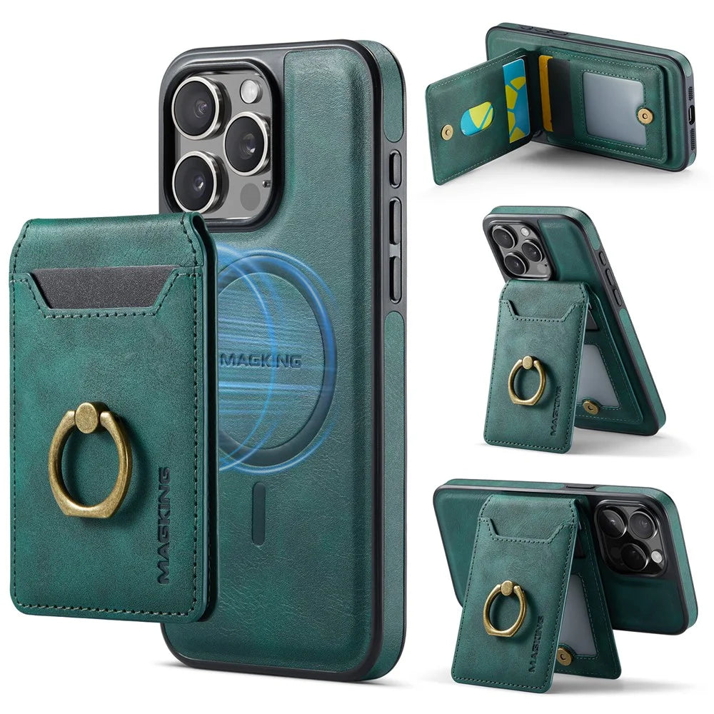 MAGKING K1 Series For iPhone 16 Pro Max Magnetic Case PC+TPU+PU Phone Cover with Card Holder Kickstand - Green - 1