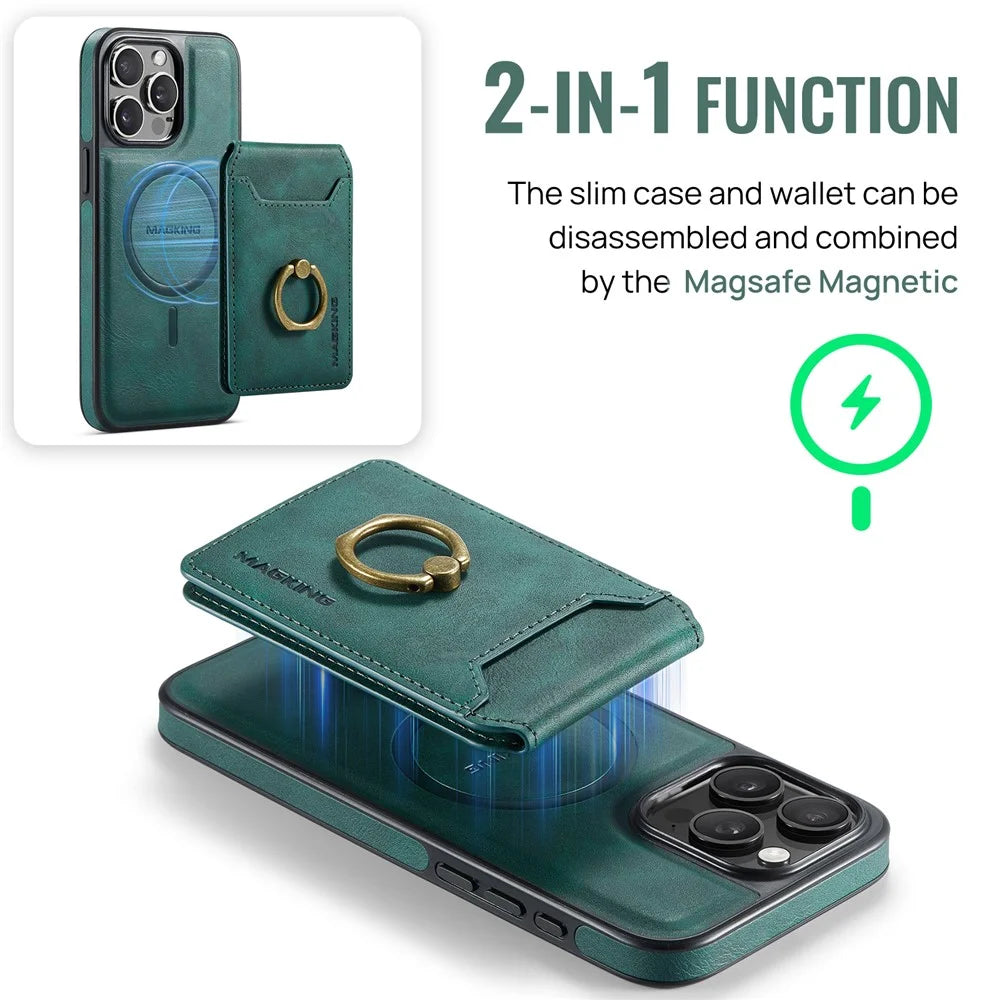 MAGKING K1 Series For iPhone 16 Pro Max Magnetic Case PC+TPU+PU Phone Cover with Card Holder Kickstand - Green - 7