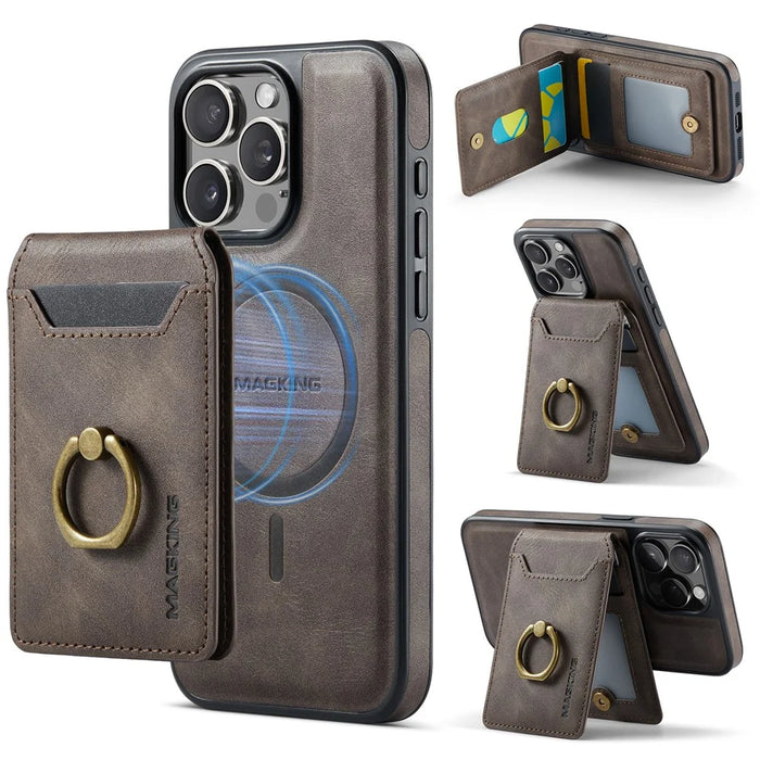 MAGKING K1 Series For iPhone 15 Pro Magnetic Case PC+TPU+PU Phone Cover with Card Holder Kickstand - Coffee - 1