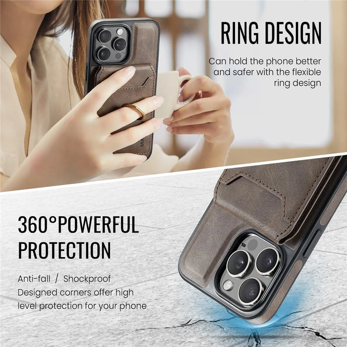 MAGKING K1 Series For iPhone 15 Pro Magnetic Case PC+TPU+PU Phone Cover with Card Holder Kickstand - Coffee - 6