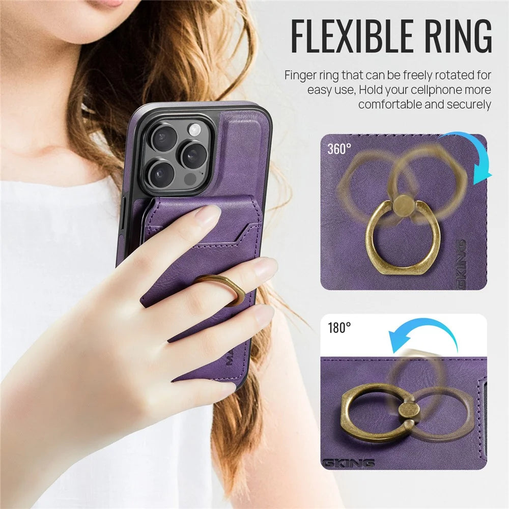 MAGKING K1 Series For iPhone 14 Pro Magnetic Case PC+TPU+PU Phone Cover with Card Holder Kickstand - Purple - 4